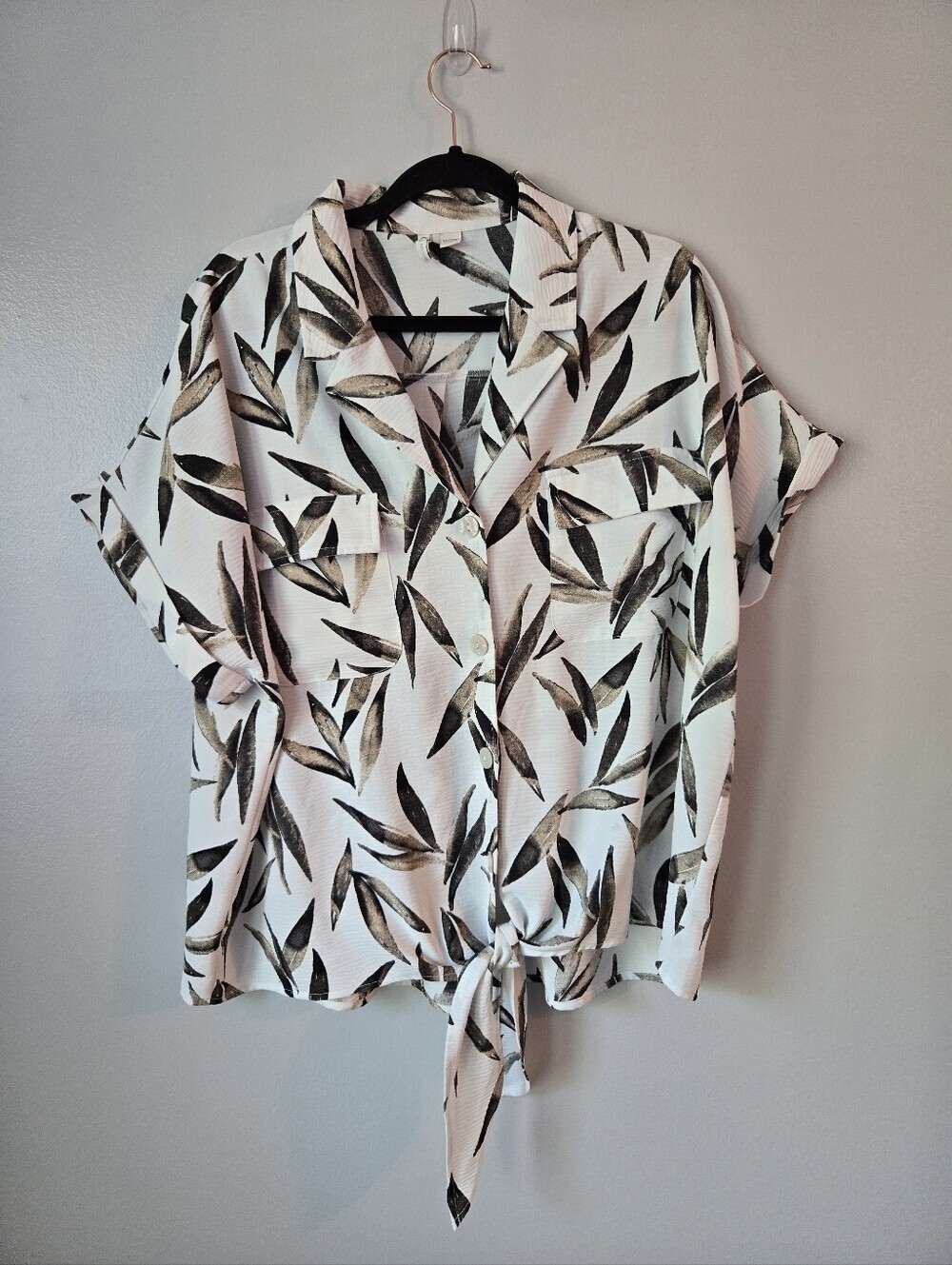 Cato Botanical Leaf Print Button Up Summer Blouse Front Tie Shirt Size 18/20W